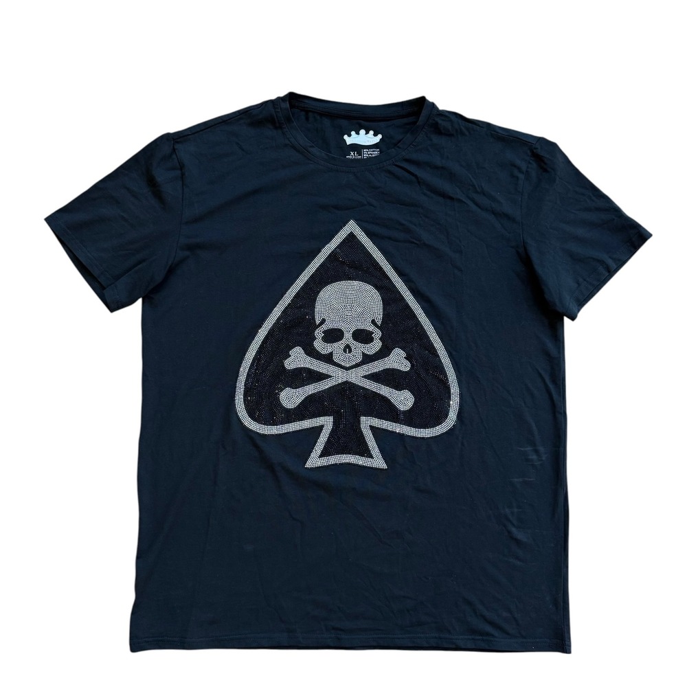 Heads or Tails Mens XL Black Rhinestone Skull Crossbones Ace of Spades T-Shirt